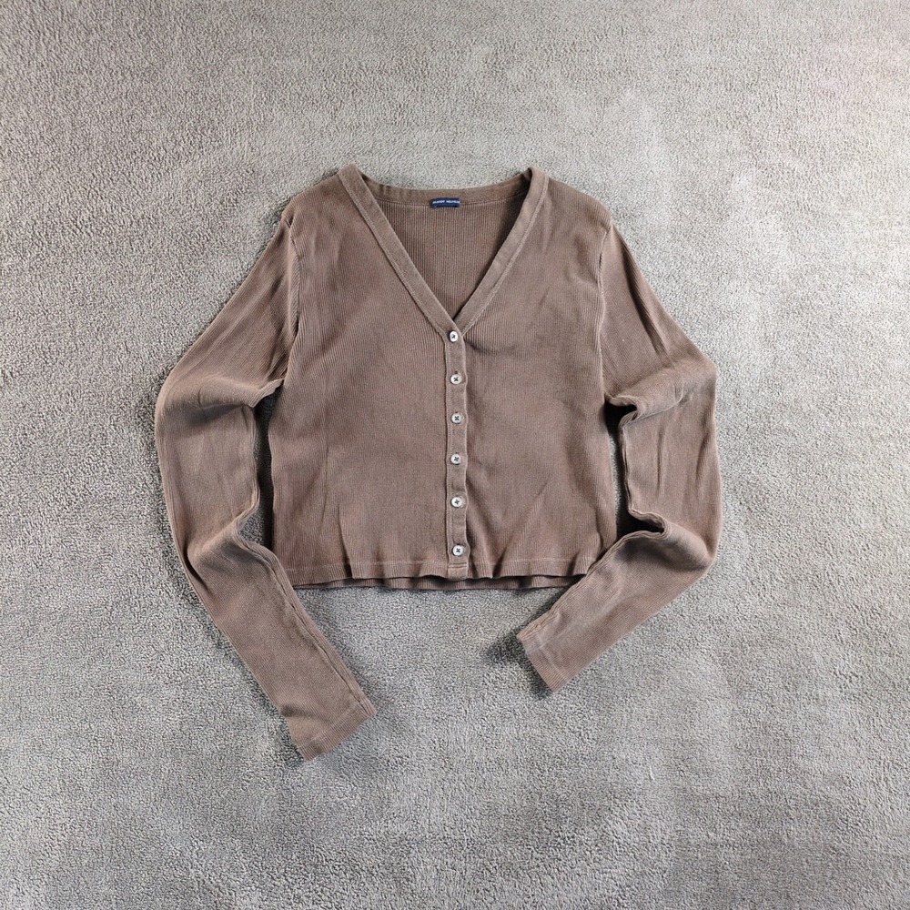 Brandy Melville Ribbed Knit‎ Cropped Cardigan Taupe Long Sleeve Button Up